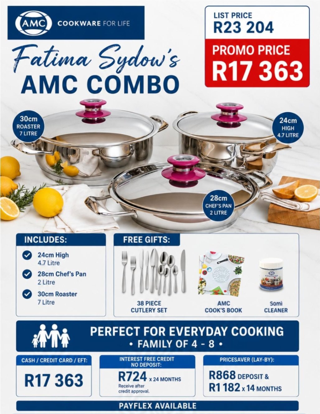 AMC Family Combo Cookware Set – 30 cm Roaster, 24 cm High & 28 cm Chef's Pan