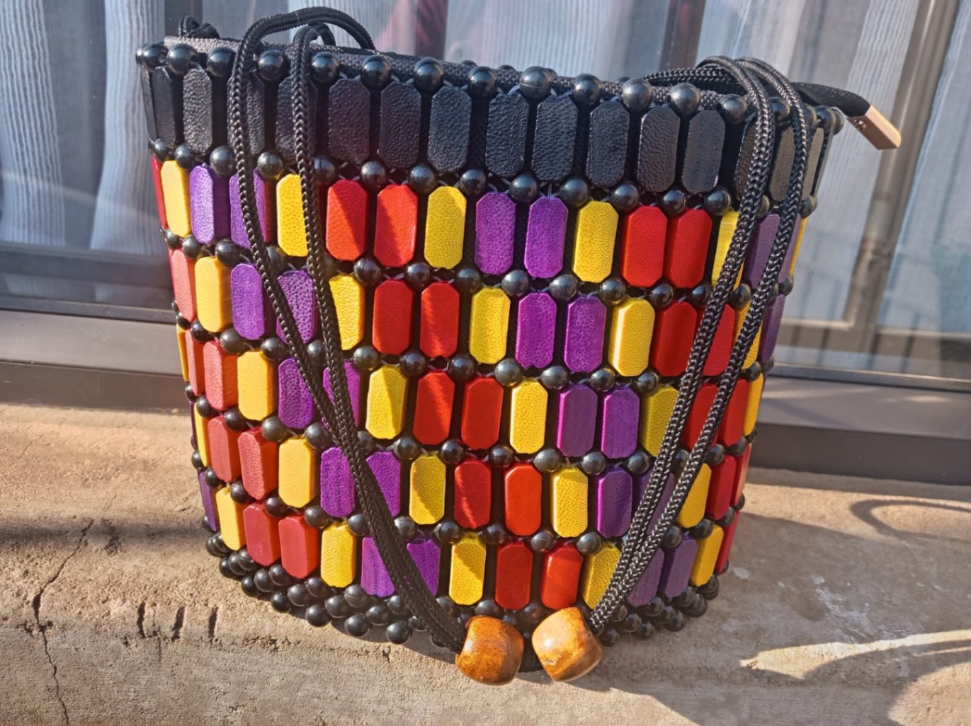 Sunset Bloom Beaded Drawstring Bag