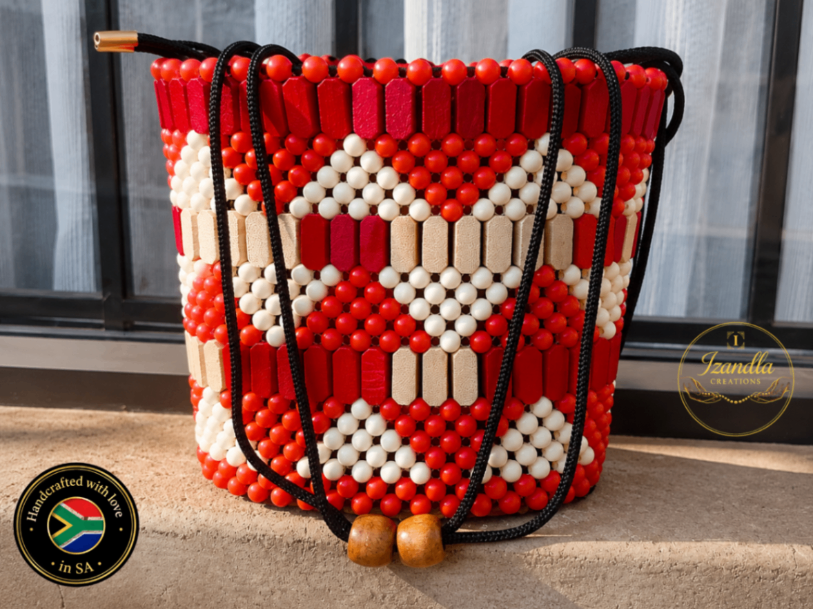 Crimson Harmony Beaded Drawstring Bag